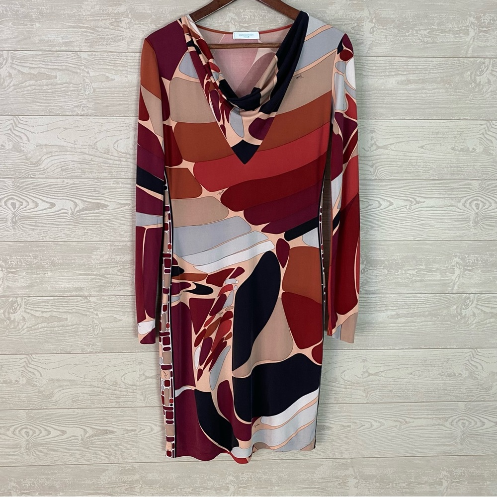 Emilo Pucci Print Dress Long Sleeve Silk Red Abstract 10